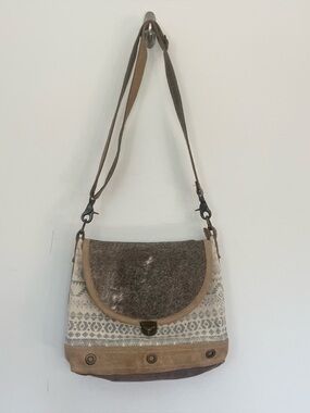 Myra Bag Yoruba Calfskin and Leather Boho Crossbody Bag with Fur Lined Flap Tan